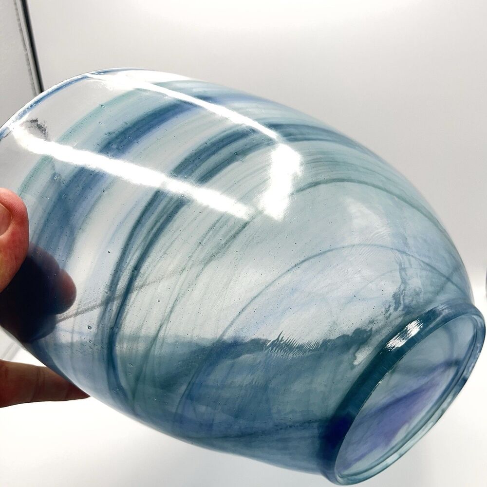 14"x7" Oval Blue Folded Satin Glass Bowl Lines Swirls - Picture 13 of 16